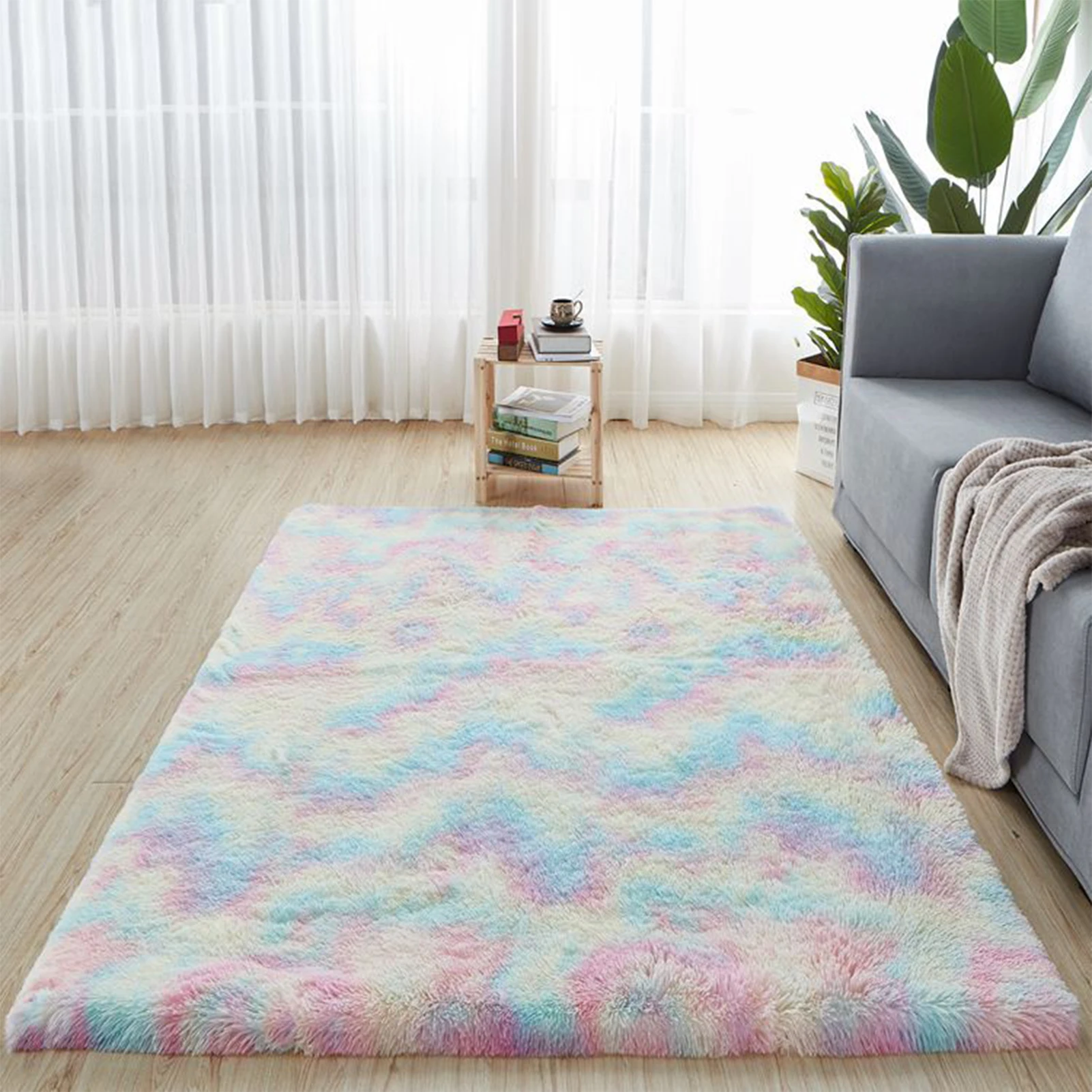 

Colorful Plush Rainbow Area Rug For Living Room Soft Fluffy Carpet For Girl Bedroom Children Room Tie Dye Coral Fleece Floor Mat