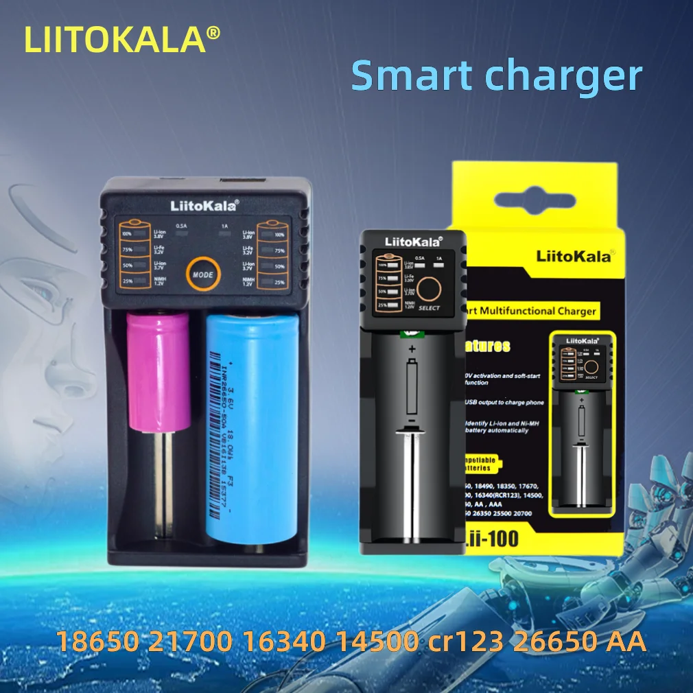 

LiitoKala Lii-100 Lii-202 Battery Charger For 18650 18350 26650 16340 RCR123 14500 3.7V 1.2V Ni-MH Ni-Cd 2A USB smart charger