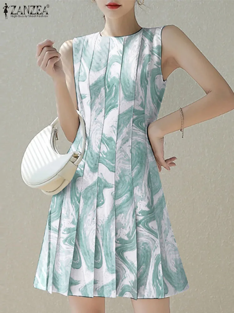 Купи ZANZEA Korean Fashion Women Dresses Sleeveless Printed Waisted Pleated Tank Dress Elegant O Neck Slim 2022 Summer Mini Dress за 791 рублей в магазине AliExpress