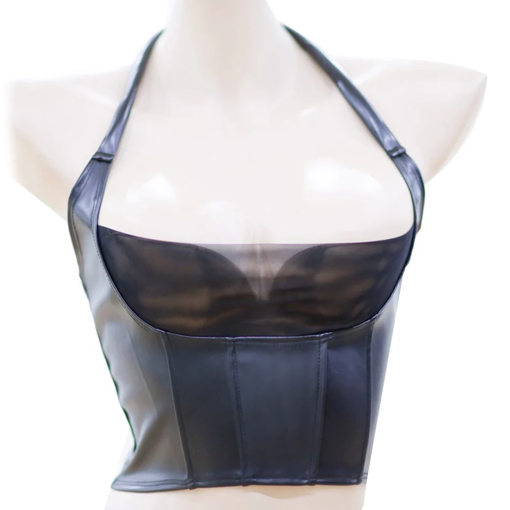 

Women Sexy Black Nightclub PU High Street Shrink Gather Navel Short Top Mesh See Through Vest Outfit Adult Female Nightwear