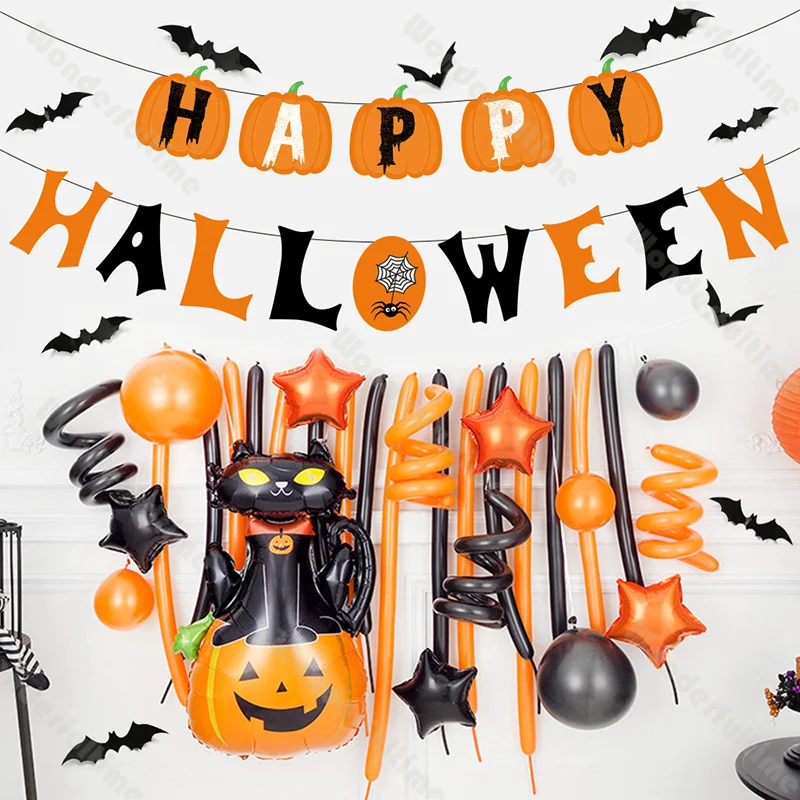 

47/48pcs Halloween Pumpkin Cat Balloon Garland Kit Bat Stickers Halloween Flag Pulling Fall Baby Shower Halloween Kid Parties