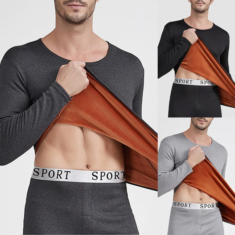 Fleece Thickening Soft Thermal Underwear Set Men's Round Neck Winter Warm Top Leggings Long Johns Base Layer Homewear A50