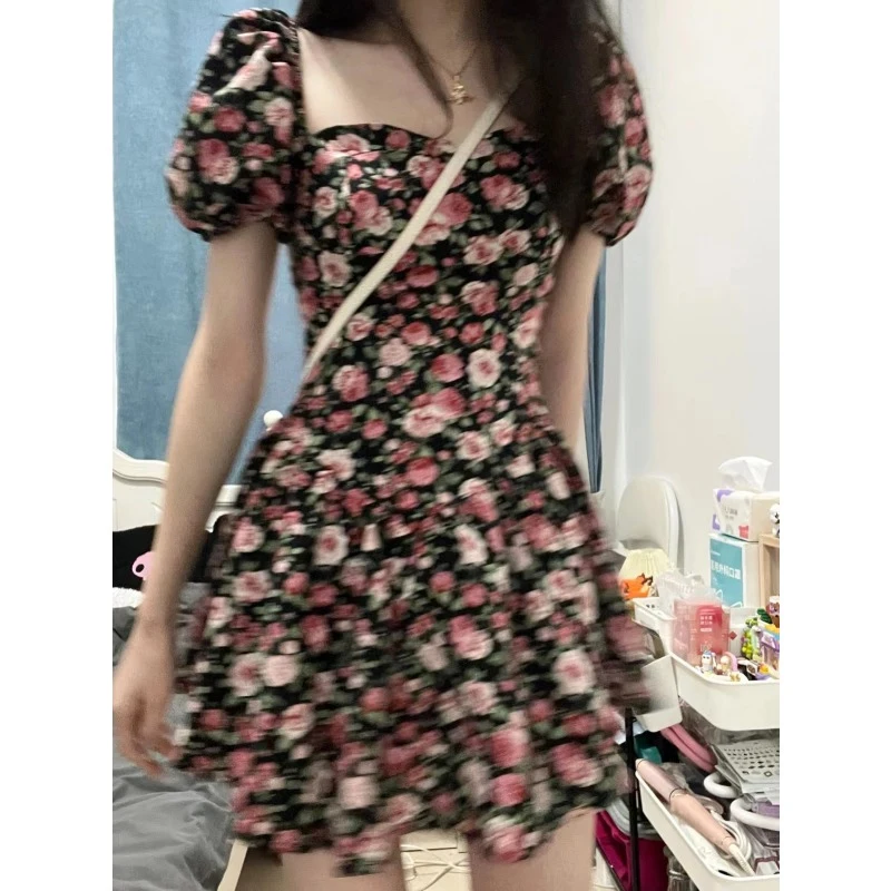 

2022 Summer New Light Luxury Dress Skirt French Waist Floral Square Neck Dress All-match Boutique Clothing Simple Style