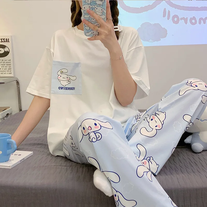 

Пижама Sanrio Cinnamoroll, полакко, кошка, пижама для девочек, брюки из чистого хлопка с коротким рукавом, милый спортивный костюм на лето, весну и осень