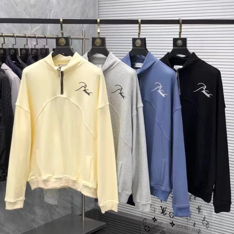 

RHUDE Letter Embroidery High Street Men Women Loose Retro Stand Collar Half Zipper Oversized Casual Sweatshirt