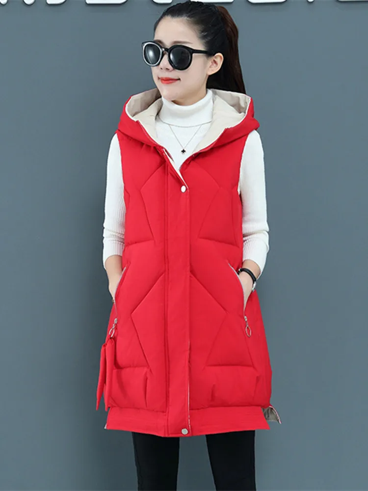 Новый пуховый жилет с хлопковой подкладкой женский средней длины на осень и зиму