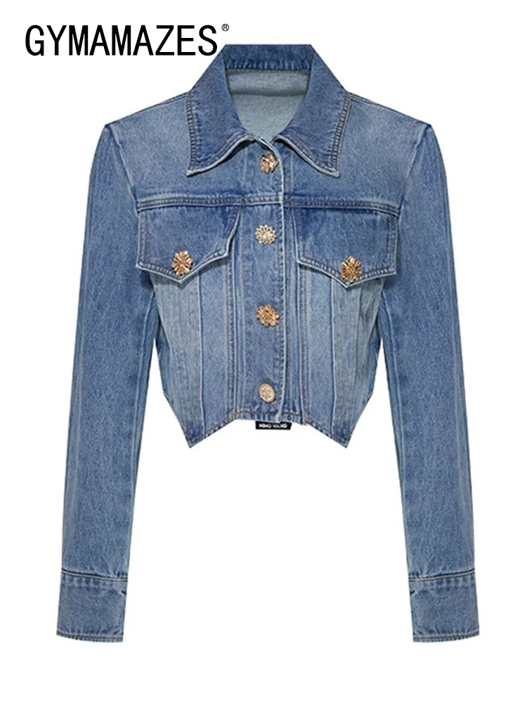 

Пальто женское джинсовое облегающее однобортное составного кроя с отложным воротником и длинным рукавом