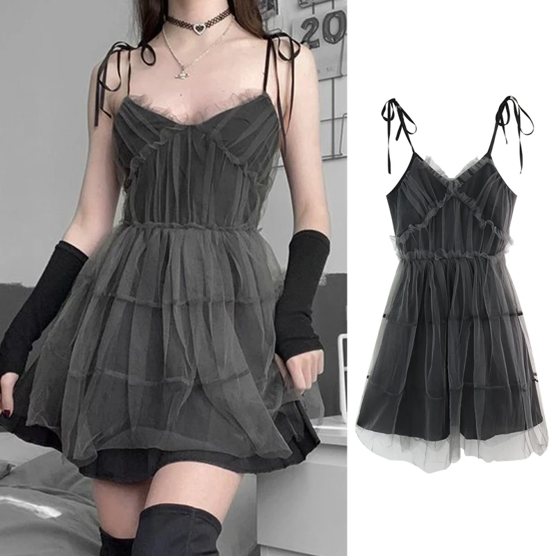 

Women Gothic Tie Strap V Neck Mesh Splicing High Waist Mini Pleated Skater Dress