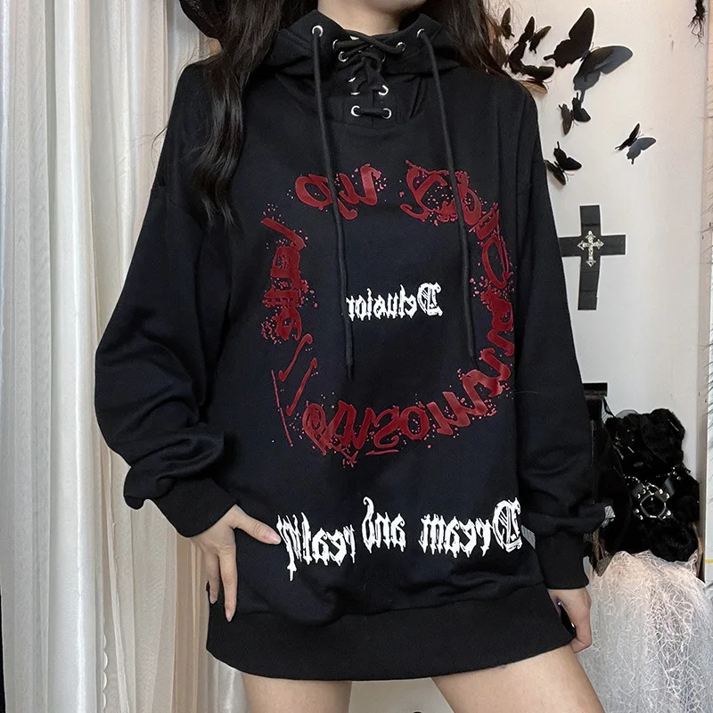 Gothic Punk Hoodie Street Emo Dark Style Woman Loose Harajuku Alphabet Print Pullover Sweatshirt Turtleneck Strappy Fashion Top