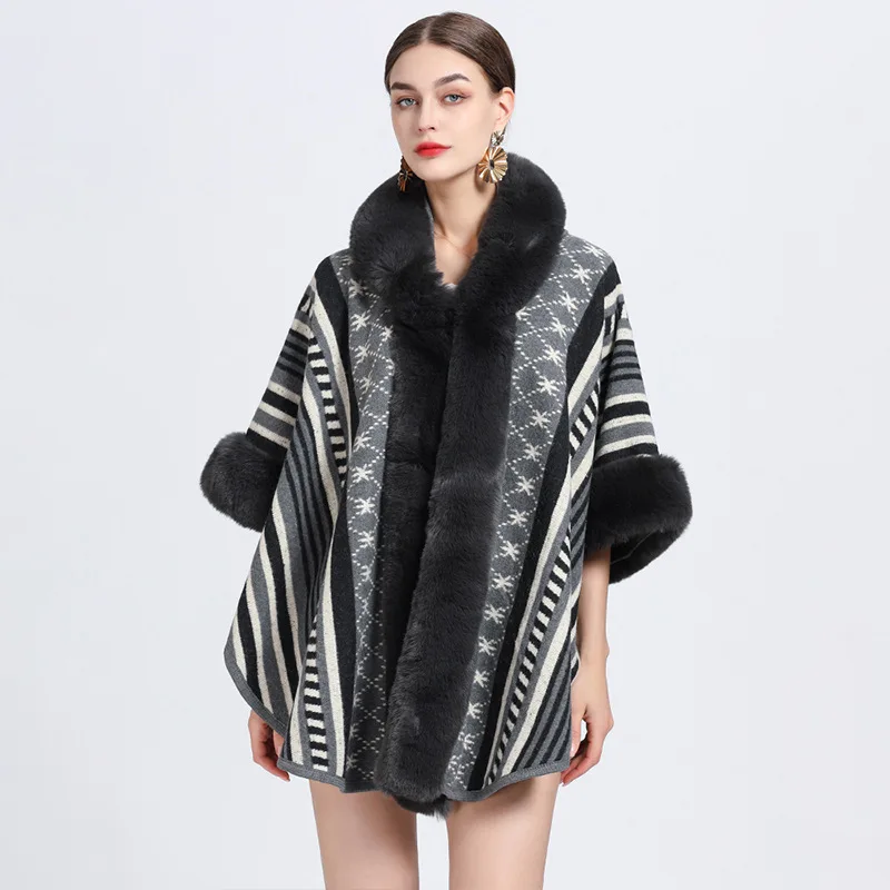 Winter New Women Woolen Coat Plus Velvet Warm Mid-length Fur Collar Shawl Cape Knitted Large Size Loose Coats Female Clothing