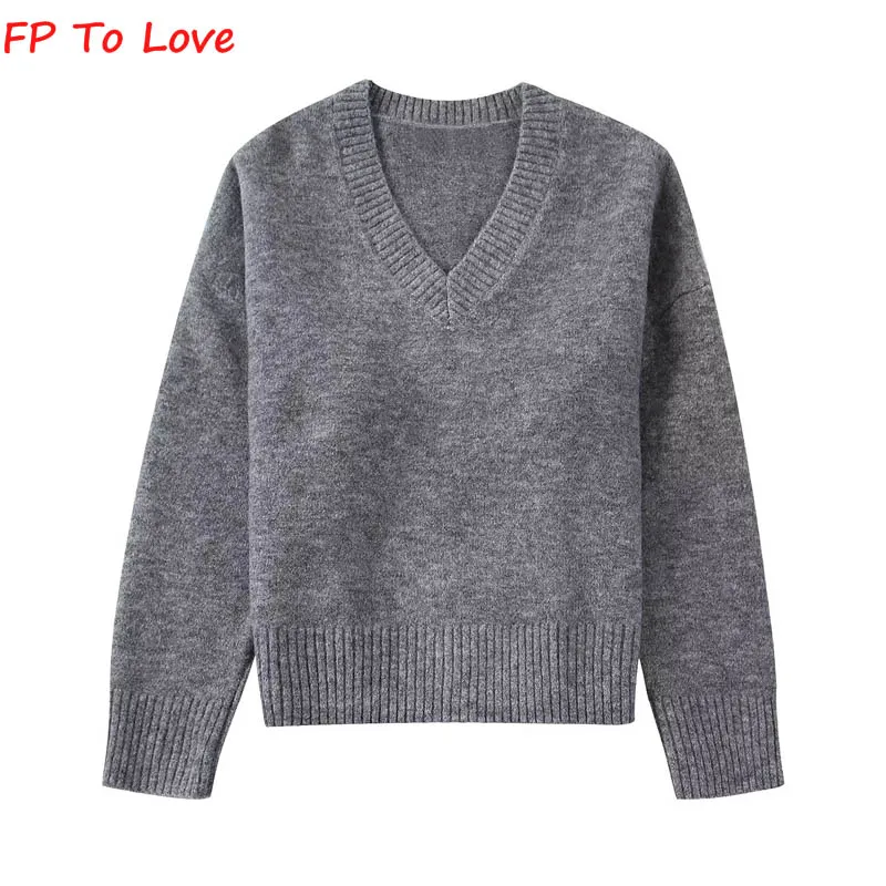 

Серый пуловер, свитер, вязаный теплый зимний осенний уличный женский свитер с V-образным вырезом, женская мягкая элегантная одежда для блоге...
