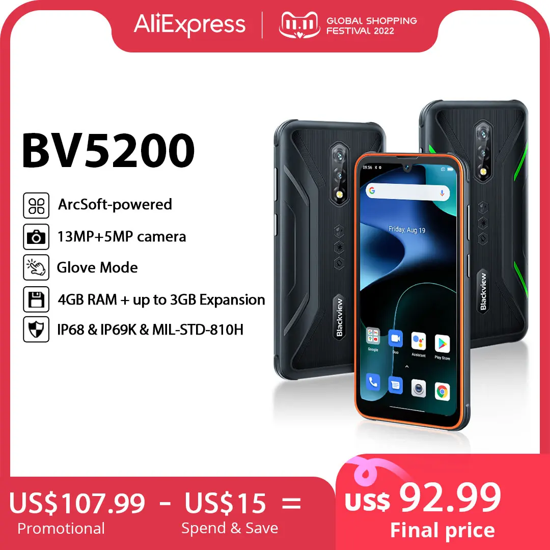 [World Premerie] Blackview BV5200 4G Rugged Phone 4GB 32GB 5180mAh Smartphone Waterproof Android 12 Mobile Phone ArcSoft Cameras