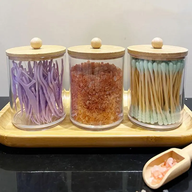 

2pcs Acrylic Storage Box Bathroom Jar Makeup Organizer Cotton Round Pad Holder Cotton Swab Box Qtip Holder Dispenser With Bamboo
