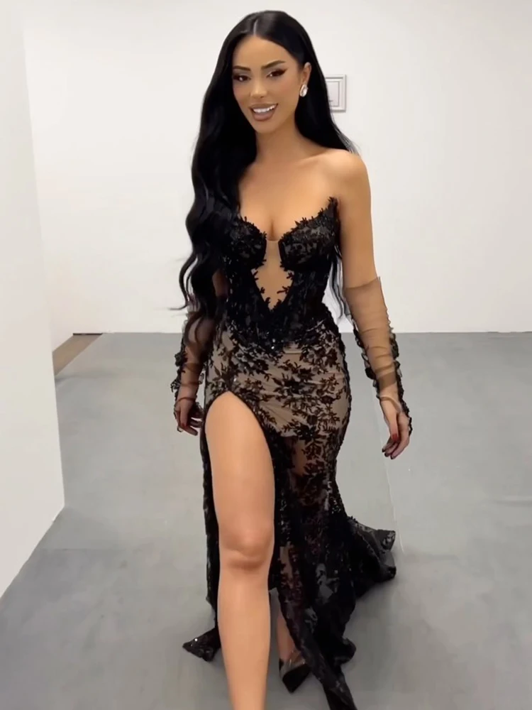 Длинное кружевное платье-Русалка с V-образным вырезом