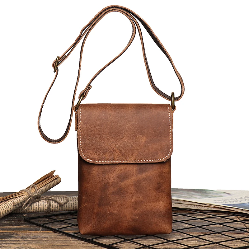 

Bag Crazy Men's Horse Bag Shoulder Crossbody Locking Vintage Flap Phone Leather Man Bag Simple Sling Pocket Key Small