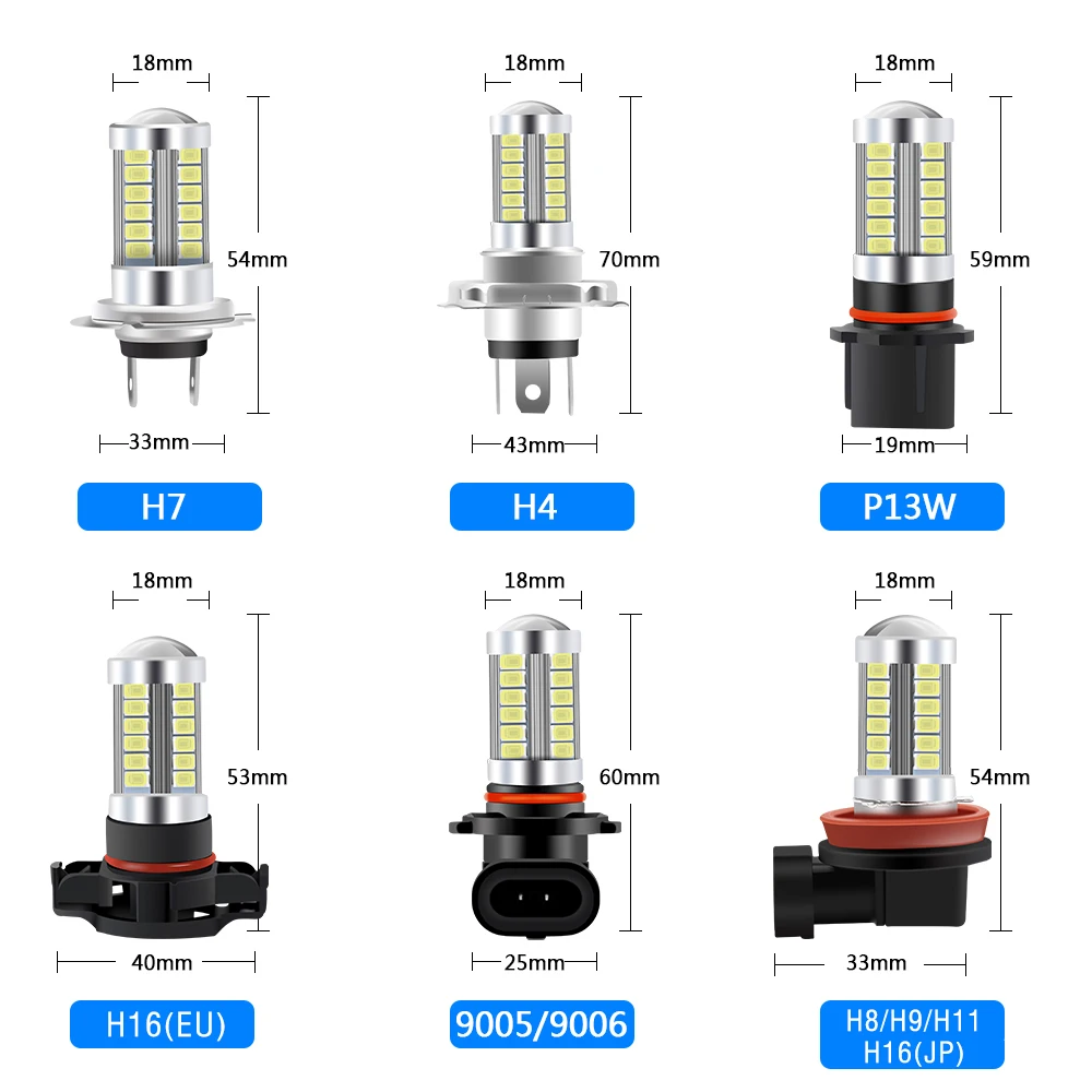 2 шт. лампы для противотуманных фар H8 5730 лм 33SMD 9005 LED H16 H11 H4 H7 9006 PSX24W