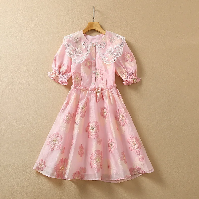 European and American women's summer 2022 new Short sleeve hollowed-out baby collar Fashionable floral jacquard pink dress XXL