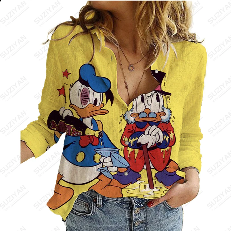 

2023 Fashion New Hot Selling Disney Mickey Mouse 3D Oil Painting Printed Women's Long Sleeve Shirt Elegant Street Chiffon Shirt