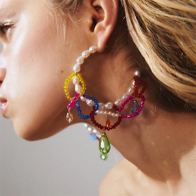 

Personalized Holiday Style Beaded Tassel Earrings Europe and the United States Exaggerated Hand-woven Pearl Earrings Earrings