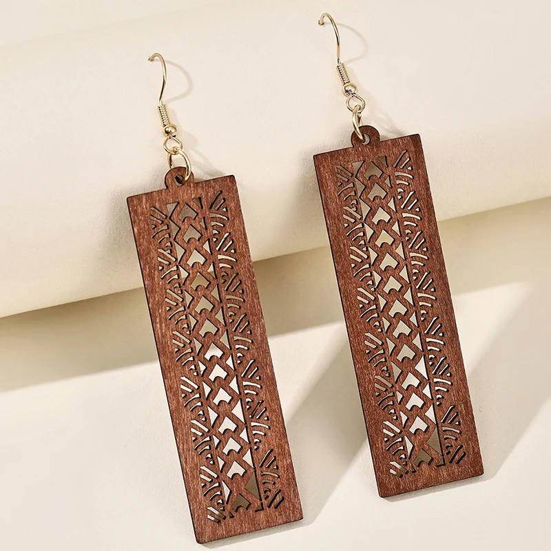 Women Wooden Rectangle Geometric Hollow Carved Patterns Dangle Earrings Female Unique Statement Retro Earrings Boutique Jewelry