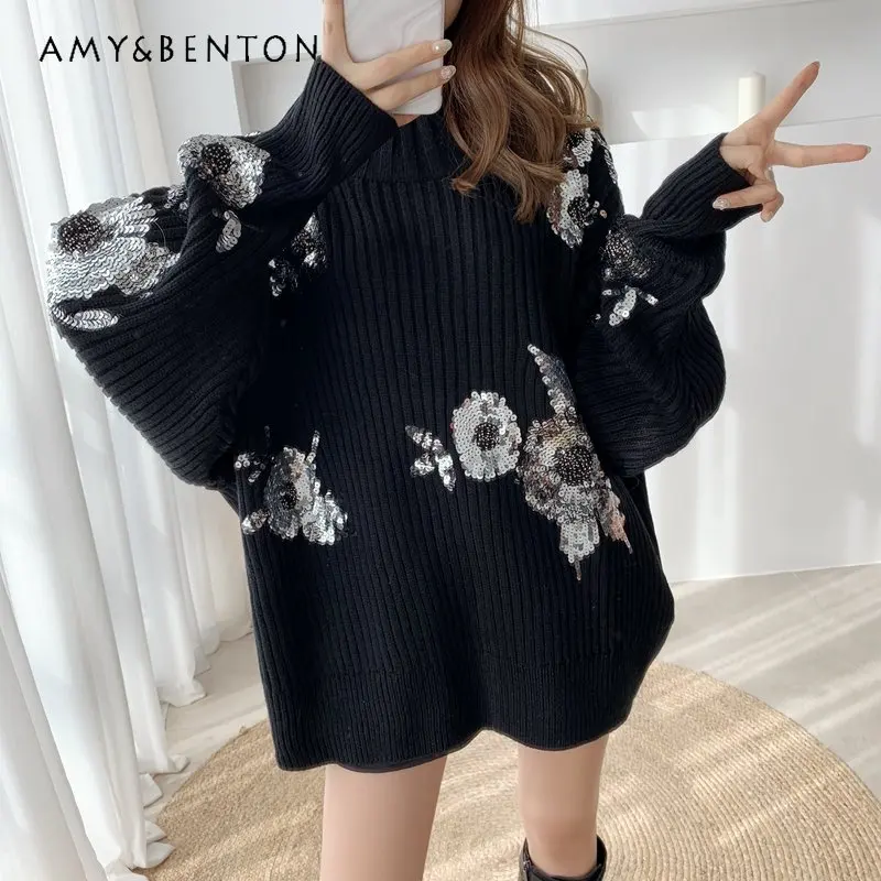 Women's Loose Knitted Sweater Spring and Autumn Pullover Top Sequined Thick Fashion Black Round Neck Sweater Tops Ladies