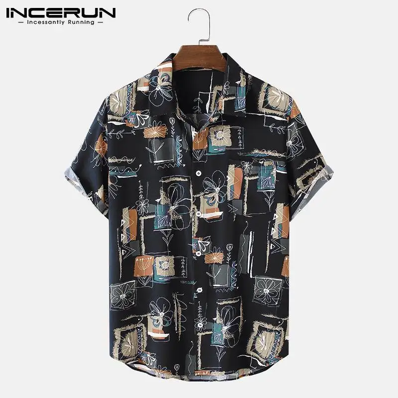 

Модная Повседневная стильная мужская универсальная простая блузка INCERUN 2022, мужская версия, праздничные рубашки с коротким рукавом и принто...