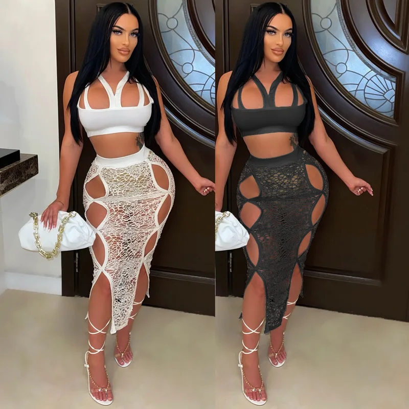 

New Fashion 2022 Summer Sexy Outfits Solid Womens Halter Vest Skirt Hollow Mesh Fishnet Skirt Women Clothing 2 Pieces Set