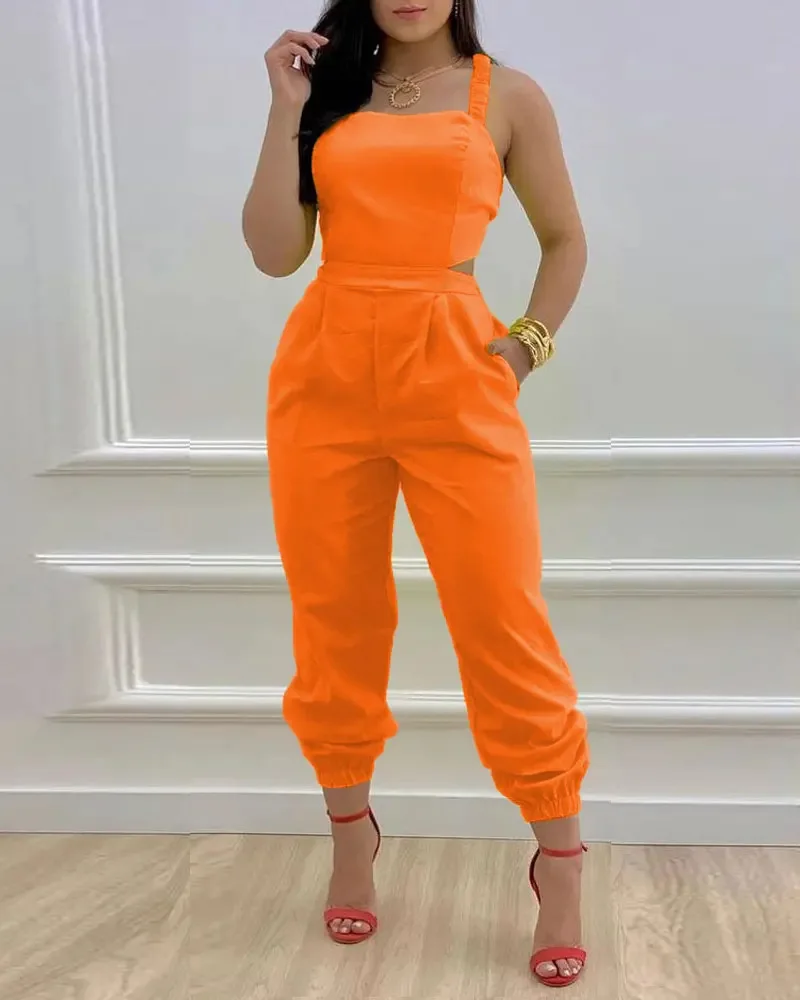 2023Summer Sleeveless Long Jumpsuit Women Fashion Plus Size Printing Square Neck Sleeveless Hollowed-out Backless Jumpsuit Women
