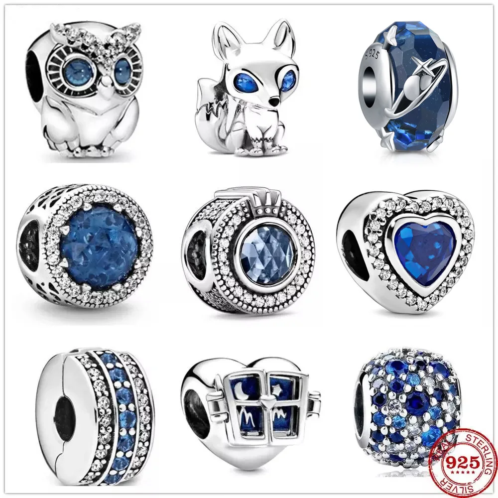 

New Original Silver Shiny Sky Ocean Blue Fox Owl Bead Fit Pandora Charms Silver 925 Beads Bracelet for Women Diy Fashion Jewelry