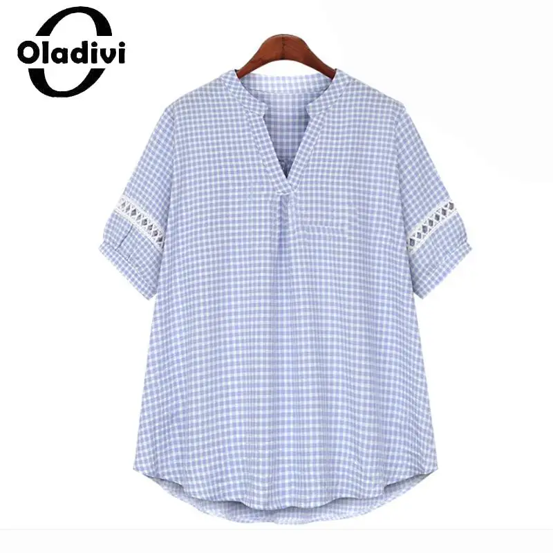 

Oladivi Модные клетчатые Женские повседневные свободные блузки большого размера 2023 летние рубашки большого размера с коротким рукавом женские туники с большим топом 909