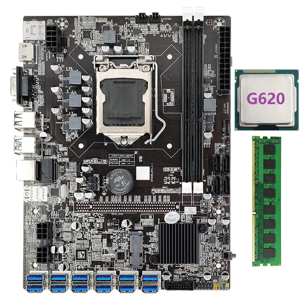 

B75 BTC Mining Motherboard 12 PCIE to USB Adapter with G620 CPU+DDR3 4GB 1600Mhz RAM LGA1155 B75 USB ETH Mining