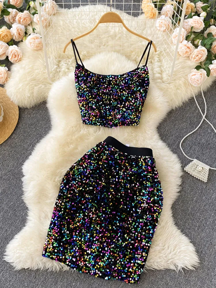 Women Europe The United States Summer Sequins Backless Suspenders Short Tops Waist Thin Skirt Two-piece Suit Female D0801