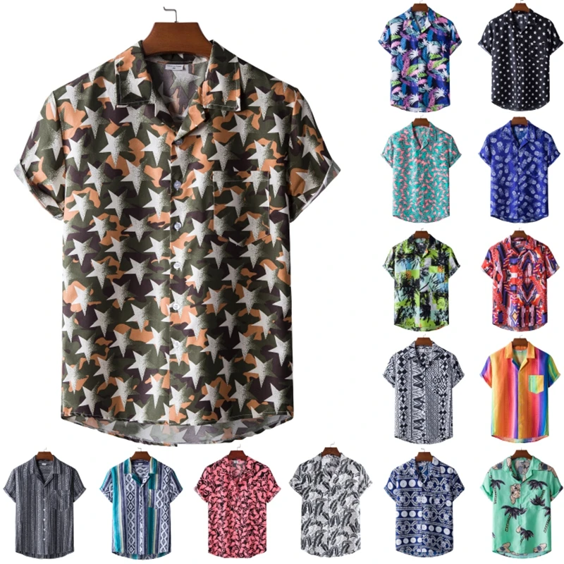 2022 New Summer High Quality Men's Printed Lapel Loose Fashion Men's Beach Shirt with Short Sleeves