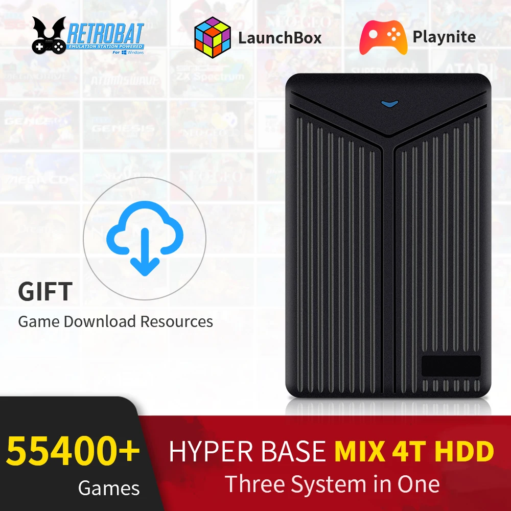 

Portable External Hard Drive Hyper Base Mix 4T Game HDD Retrobat & Launchbox & Playnite 3 in 1 with 55400+ Games for PS4/PS3/PS2