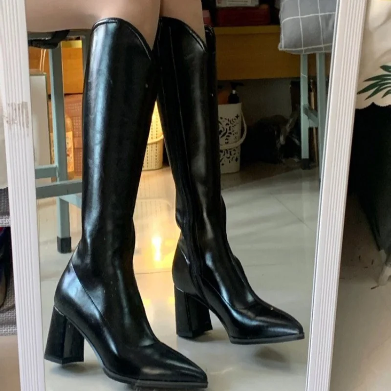 2023 New Autumn Winter Boots Women Pointed Toe Long Boots Back Zippers Square High Heel Ladies Western Cowboy Knee High Botties