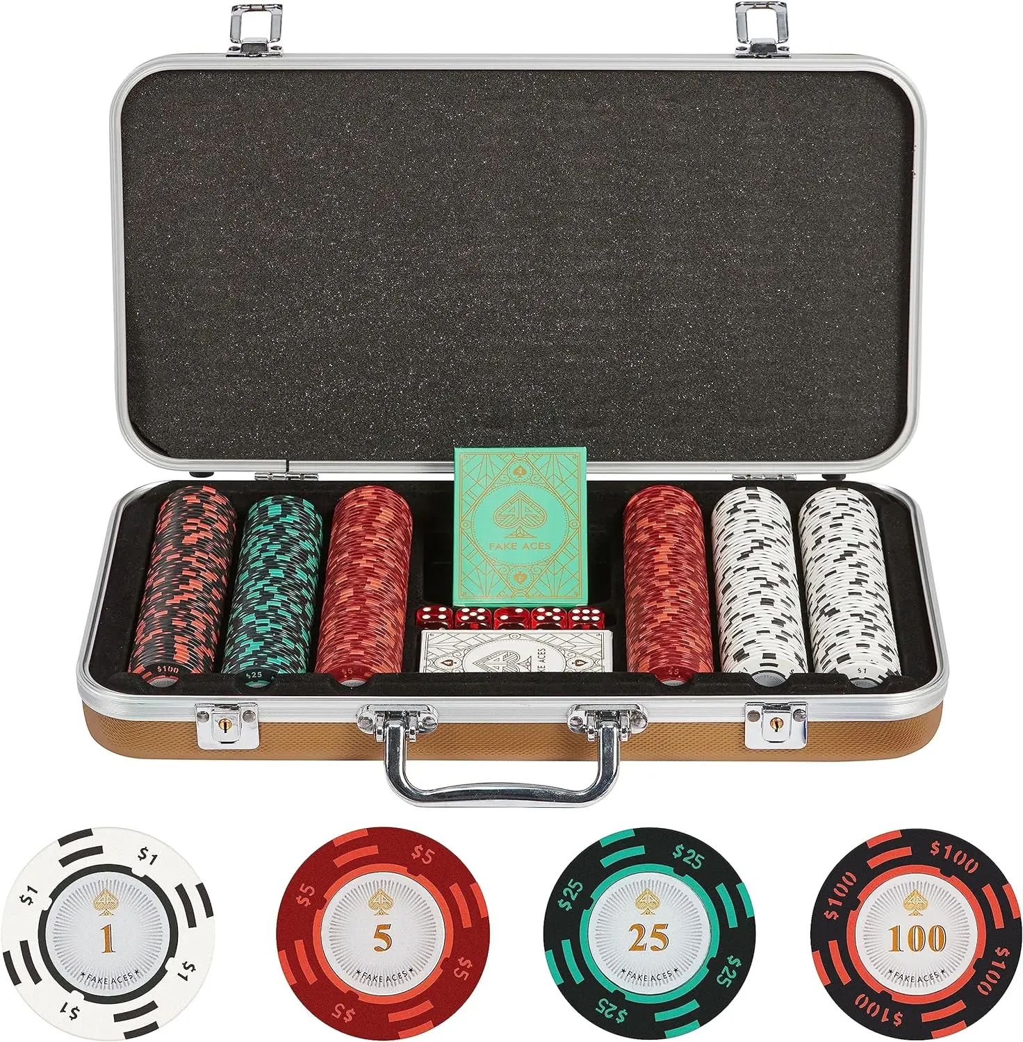 

FAKE ACES Chip Set-300 Clay Chips with Denominations 14g, 2 Decks of Cards, 5 Dice-Premium Set for Texas Holdem Sets with Ca