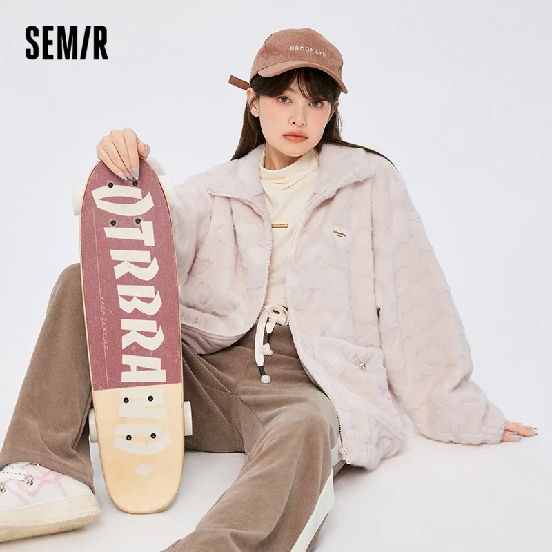 

Semir Coat Women Mid-Length Design Sense Stand Collar Love 2022 Winter New Loose Plush Jacket Sweet And Cool Style