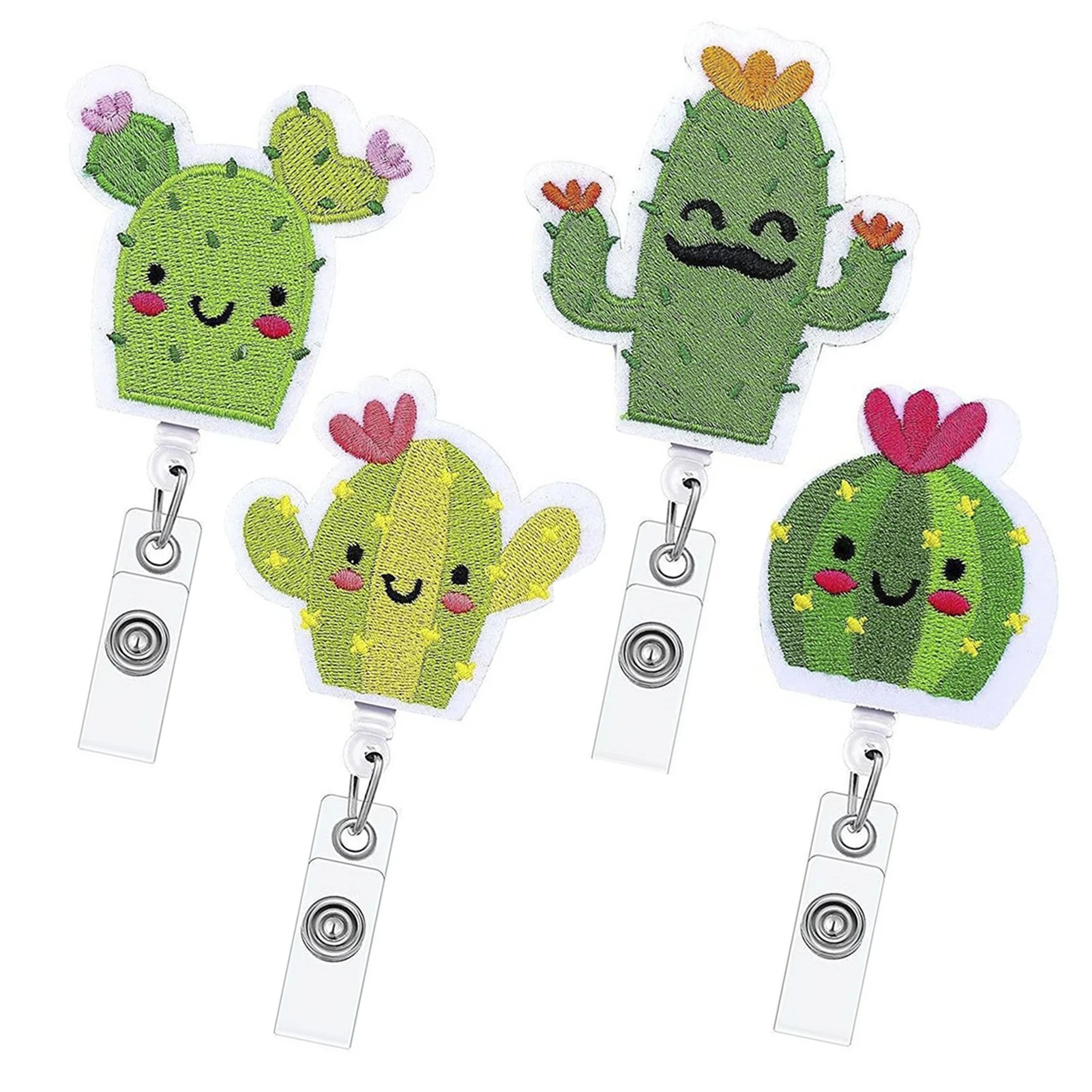 

4pcs With Alligator Clip Fashion School Cute ID Name Office Worker Cartoon Felt Cactus Retractable Badge Holder Portable Reel