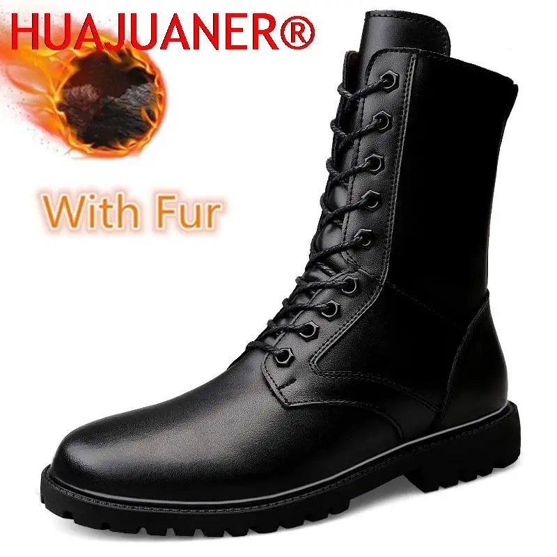 

Winter Long Men Boots Casual Fashion Punk Motorcycle Boots Lace-up Leather High Black Biker Solid Boot Military Men Shoes