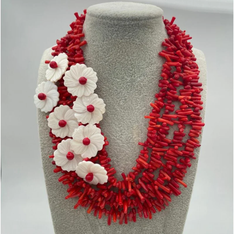 

Charming !!! natural red coral shell flower nelace