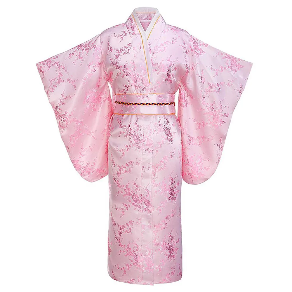 

Pink Print Flower Young Lady Japanese Traditional Kimono Bathrobe Gown Full Sleeve Evening Party Prom Dress Satin V-neck Clothes