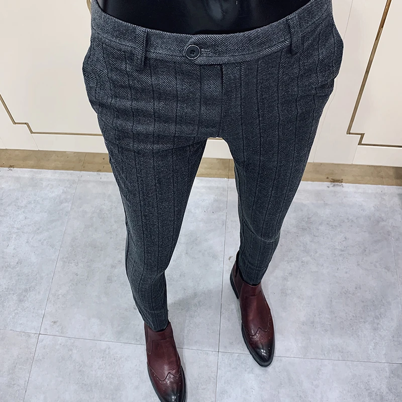 

Men's Striped Plus Velvet Suit Trousers 2022 Autumn Winter New Slim Foot Pants Business Formal Pants Fashion Casual Trousers