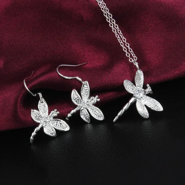

Hot Fashion Party Wedding Jewelry Set Crystal Dragonfly 925 Sterling Silver Pendant Necklace Earrings for Women Popular Gifts