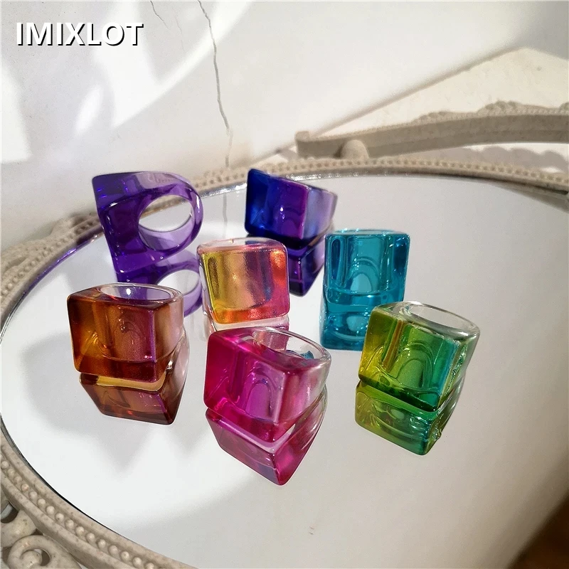 

Kpop Transparent Colorful Gradient Acrylic Resin Geometric Square Rings For Women Girls Aesthetic Jewelry EMO Y2K Accessories