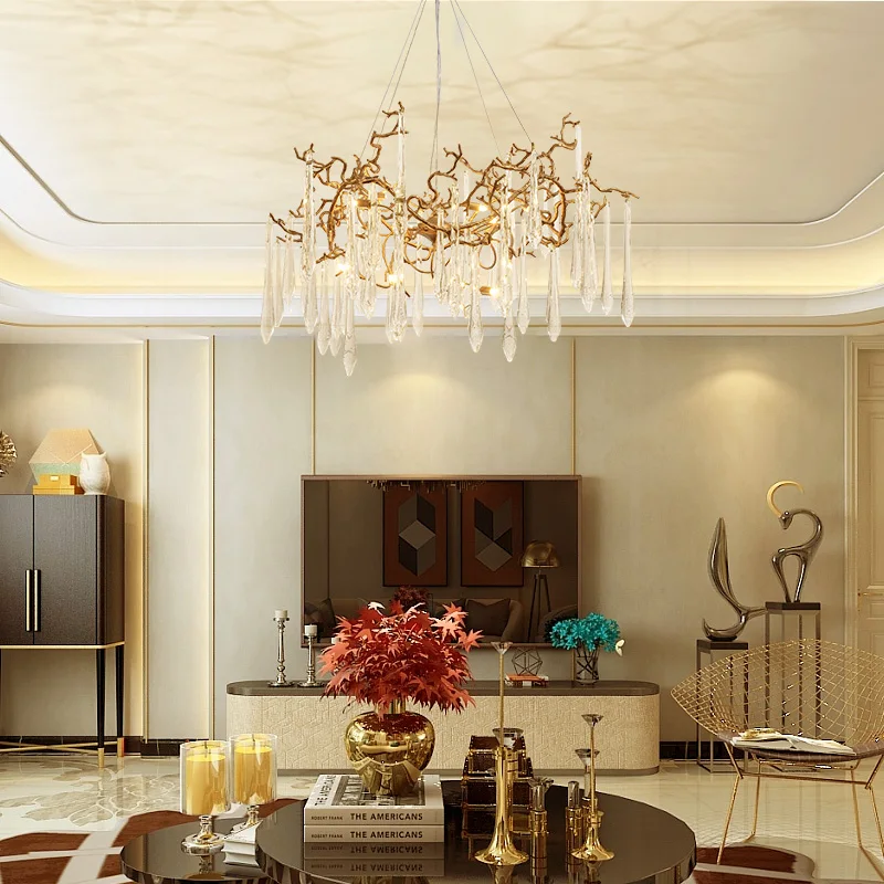 

Art fan living room crystal chandelier French light luxury post-modern full copper designer bedroom villa pure copper tree lamp