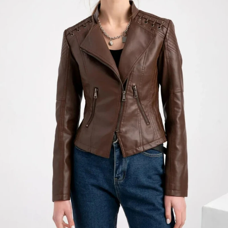 Lambskin Leather Jacket for Women Biker Brown Leather Coat Real Leather Jacket Women