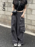 yikuo womens cargo trousers straight cargo jeans wide leg pant high waist vintage harajuku streetwear overalls multi pocket 2022