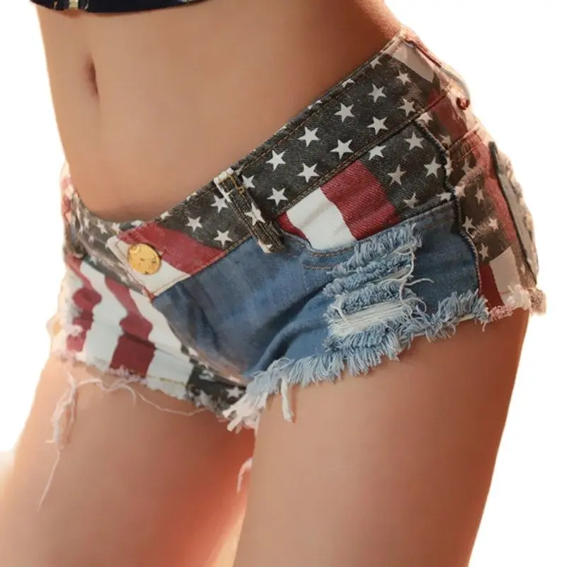 

2021 New Women's Low-rise American Flag Print Ripped Denim Shorts Jeans Mini Hot Shorts Summer Style