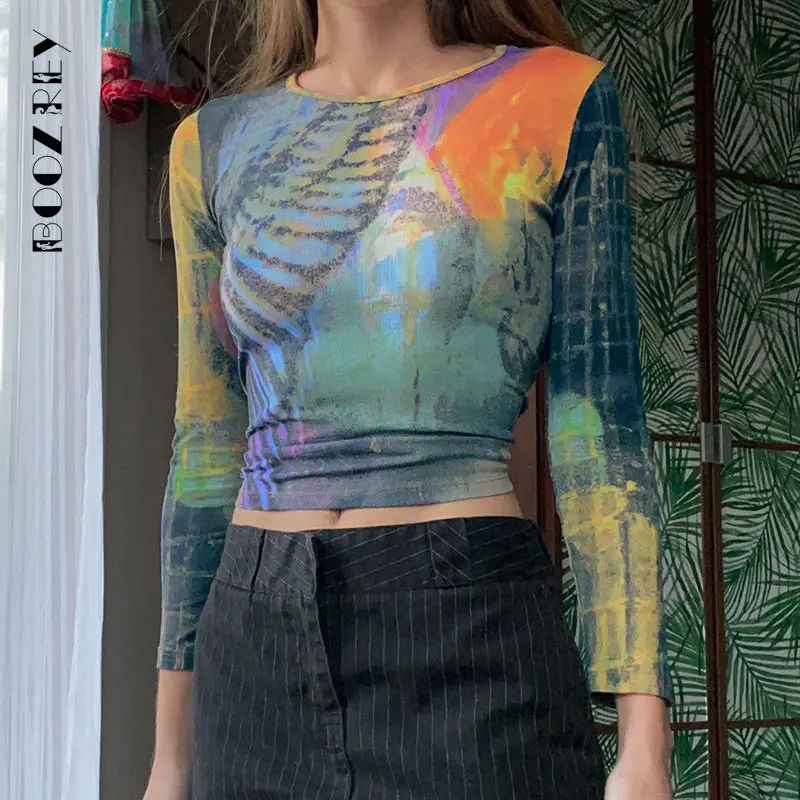 

BoozRey Autumn Y2K Printing Abstract Crop Top Women Fashion Long Sleeves Basis O-Neck Slim Vest Tee Cool Girls Streetwear Tanks
