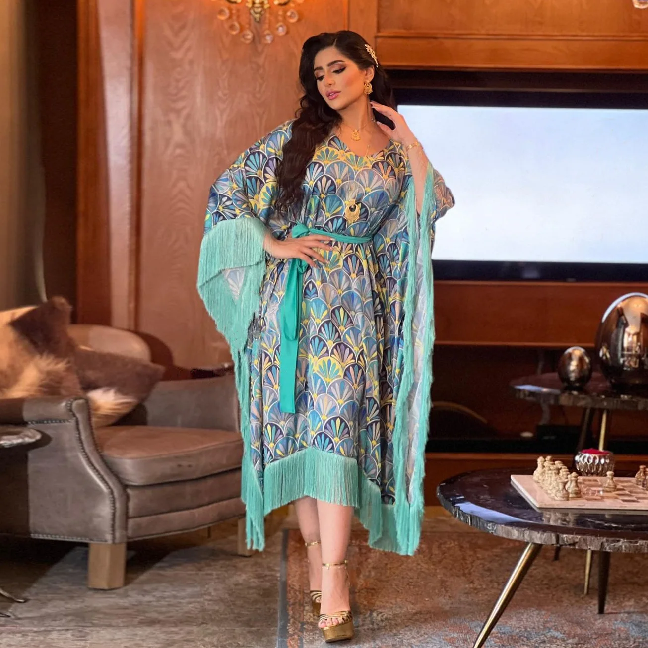 Floral Printing Party Evening Dress Bat Sleeve  Tassel Patchwork Belted Oversized Gown Banquet Kaftan Turkey Women Muslim Abaya